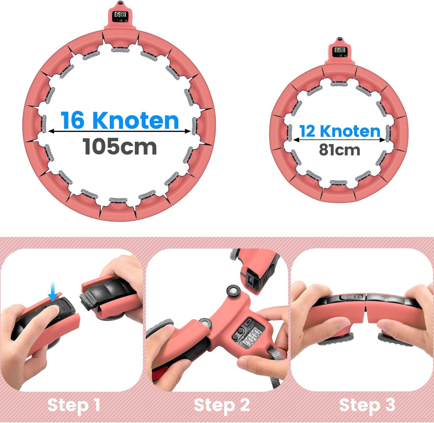 Smart Weighted Fitness Hoop for Adults Weight Loss Exercise Hoop, 2 in 1 Abdomen Massage Circle, Non-Fall Design with 16 Detachable Knots Timer and Adjustable Auto-Spinning Ball